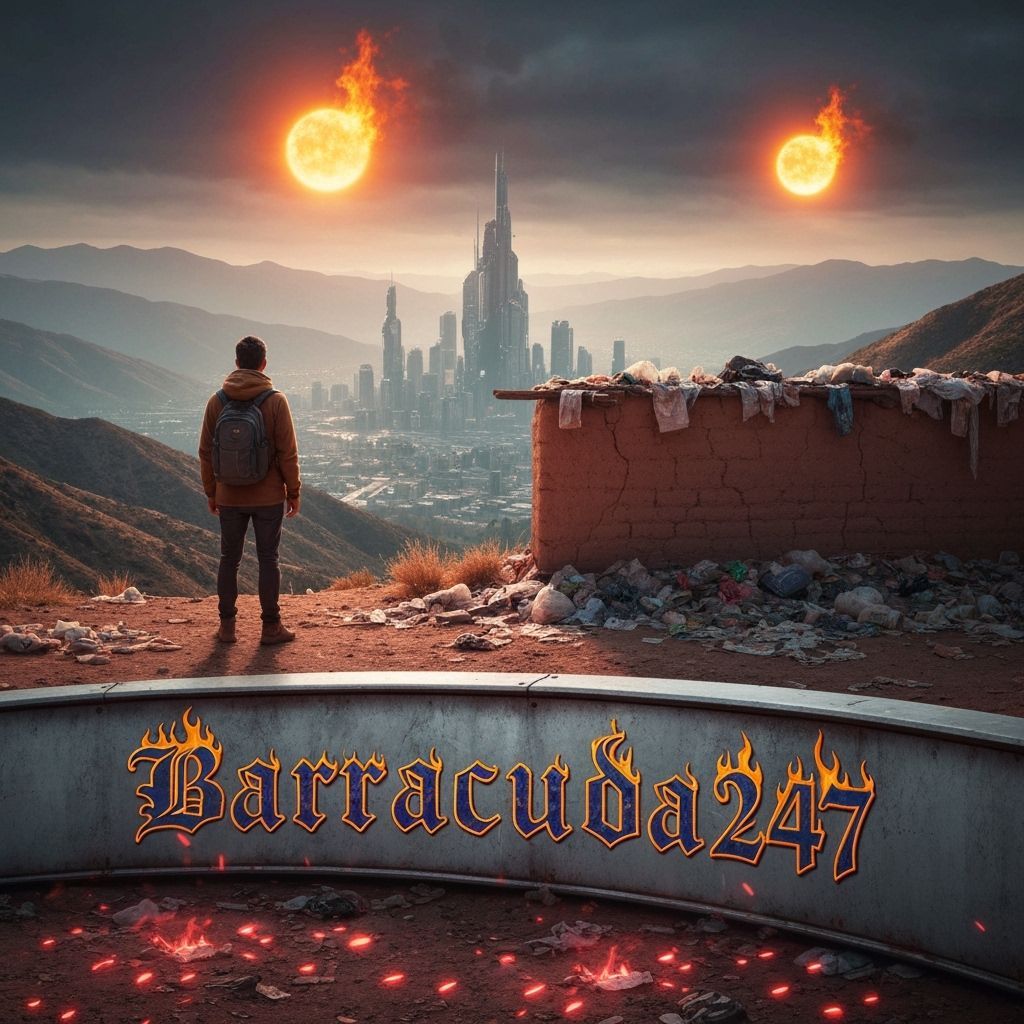 Mountain view downhill of city future beyond adobe wall covered with garbage. Barrakuda247 log curved with orange flames in deep blue metall...