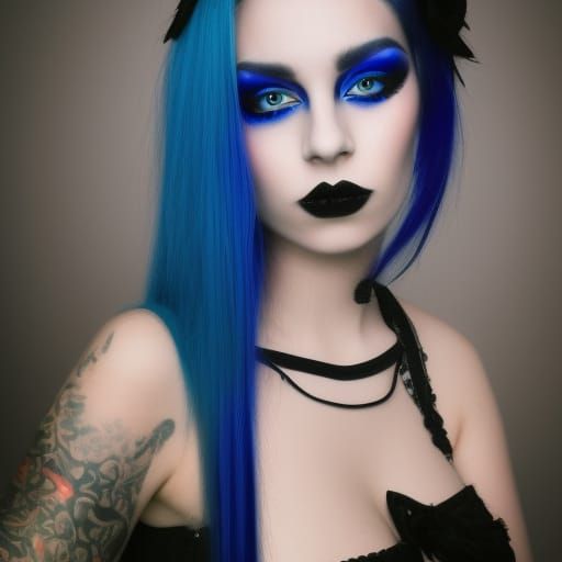 Gothic young lady with cobalt blue hair with crimson red hig...