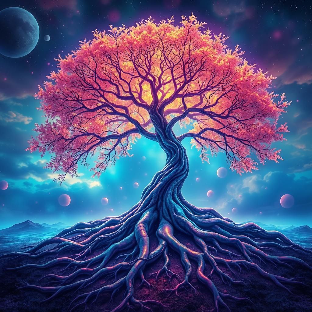 Dreamlike Tree with Iridescent Colors in Surreal Landscape