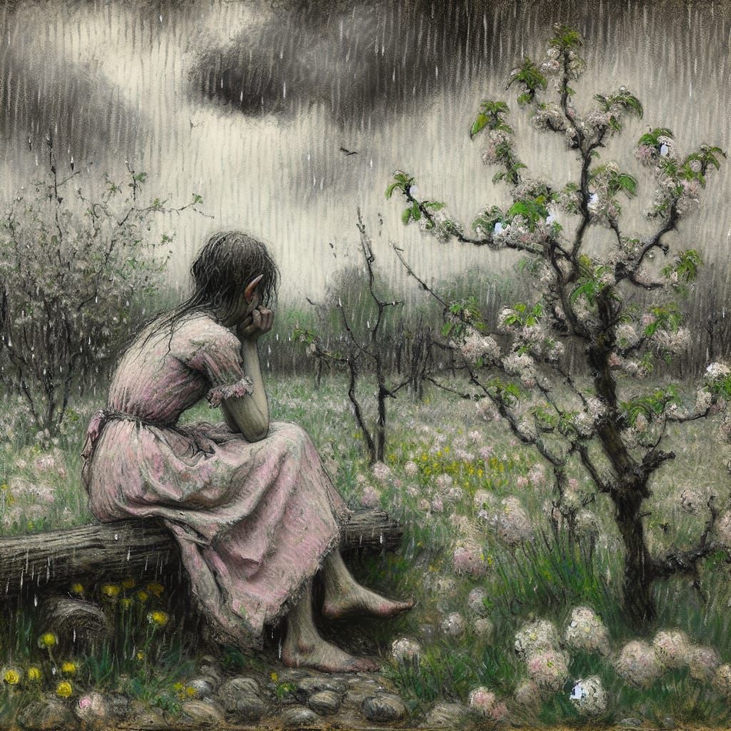 Melancholic Elf in a Gritty Impressionistic Scene