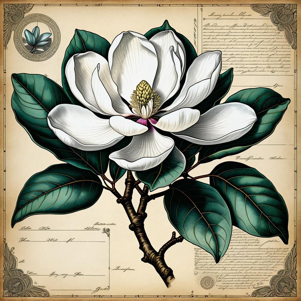 Antique Botanical Ink Drawing of Magnolia   by @Superbear