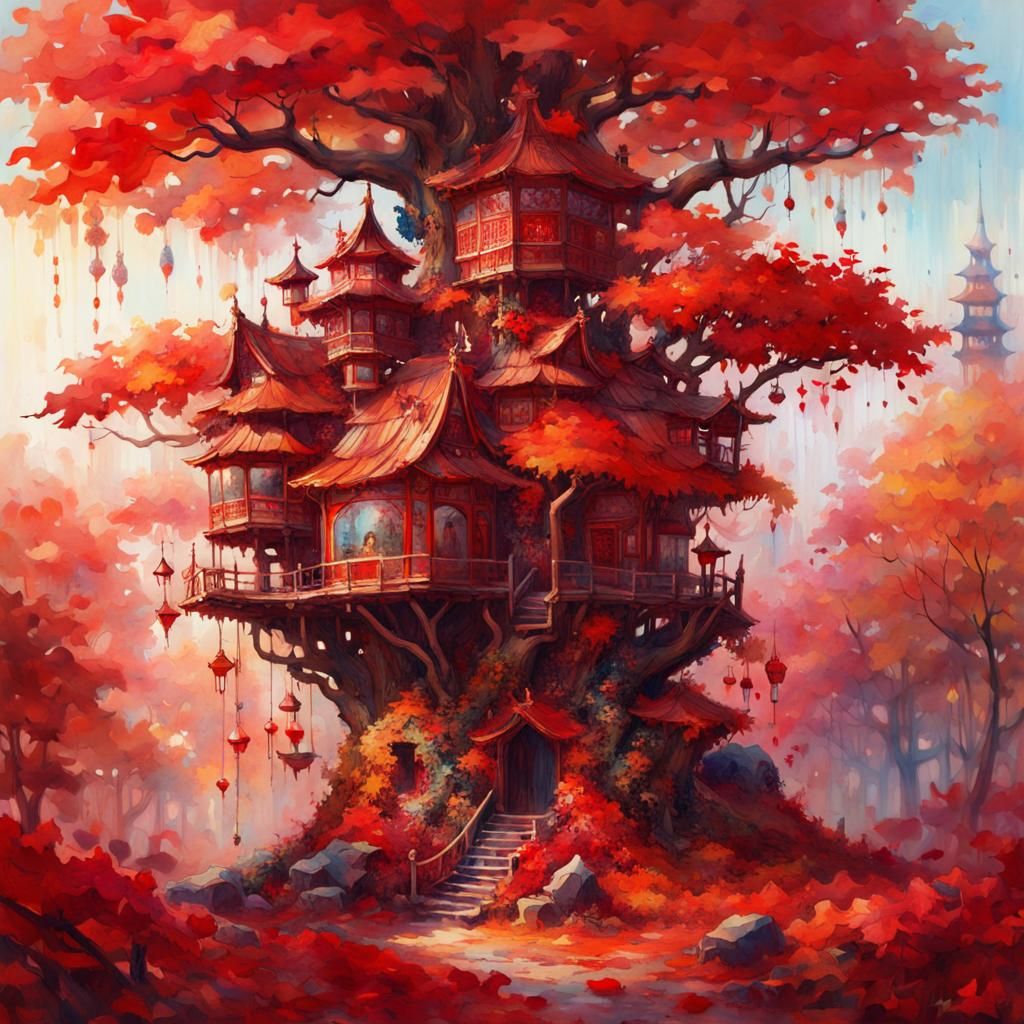 Red treehouse palace - AI Generated Artwork - NightCafe Creator