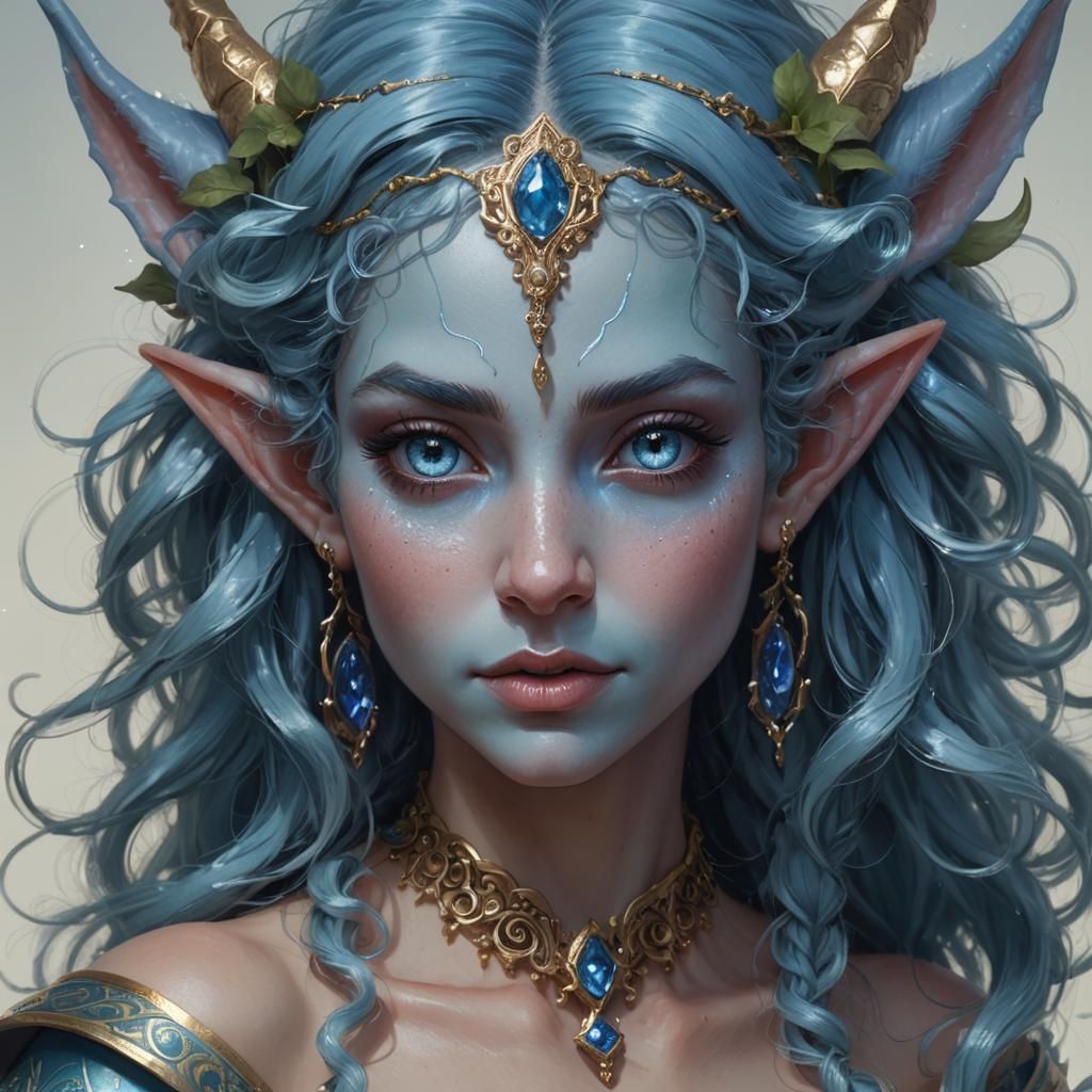 The close up of an elf with blue skin. She has glittering eyes, and ...