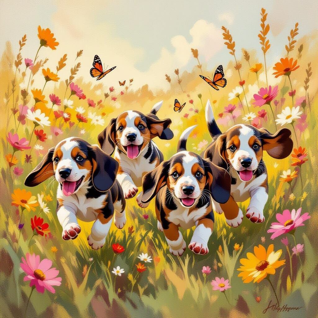 Playful Basset Hounds Chase Butterflies in Impressionistic M...