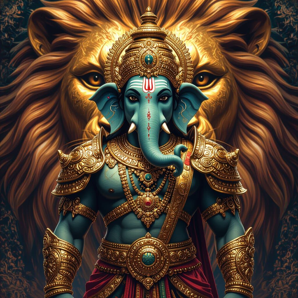 A 3D render of Ganesh with lion face in background 


