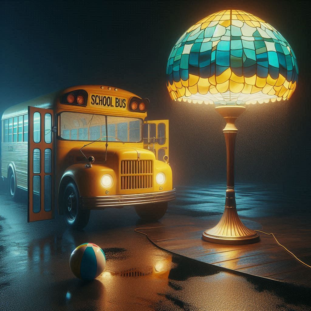 School bus, tiffany lamp and beach ball