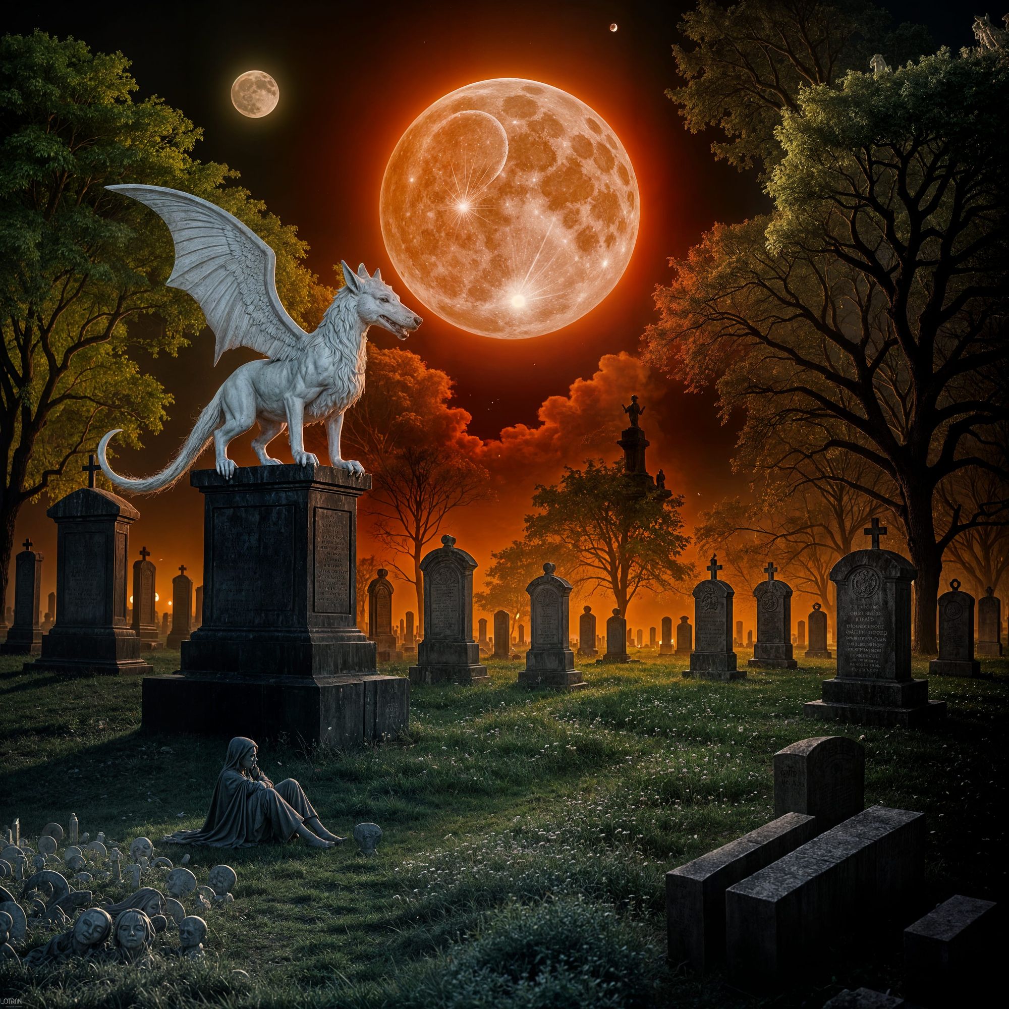 A graveyard at night with a full moon and fog rolling through and dark figures sitting on one of the headstones