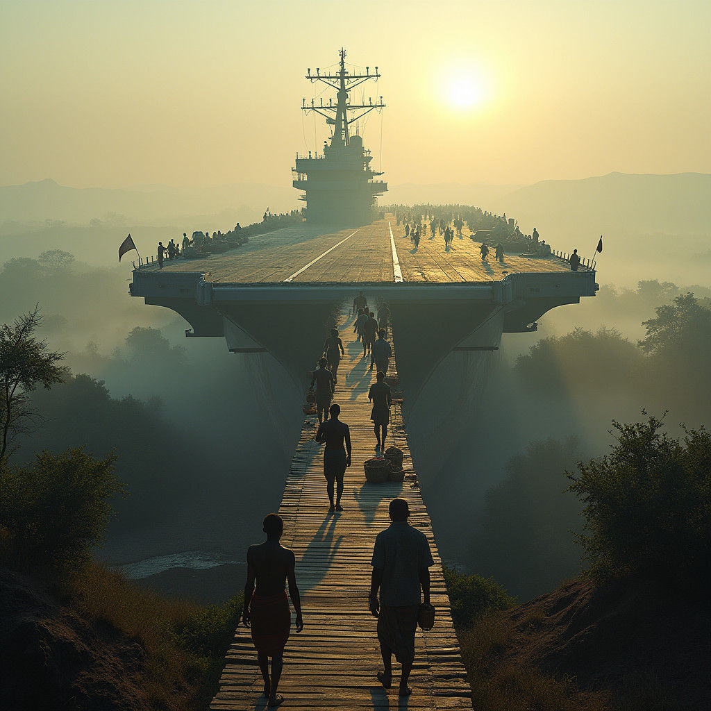 "A large aircraft carrier sits ashore in a rural African vil...