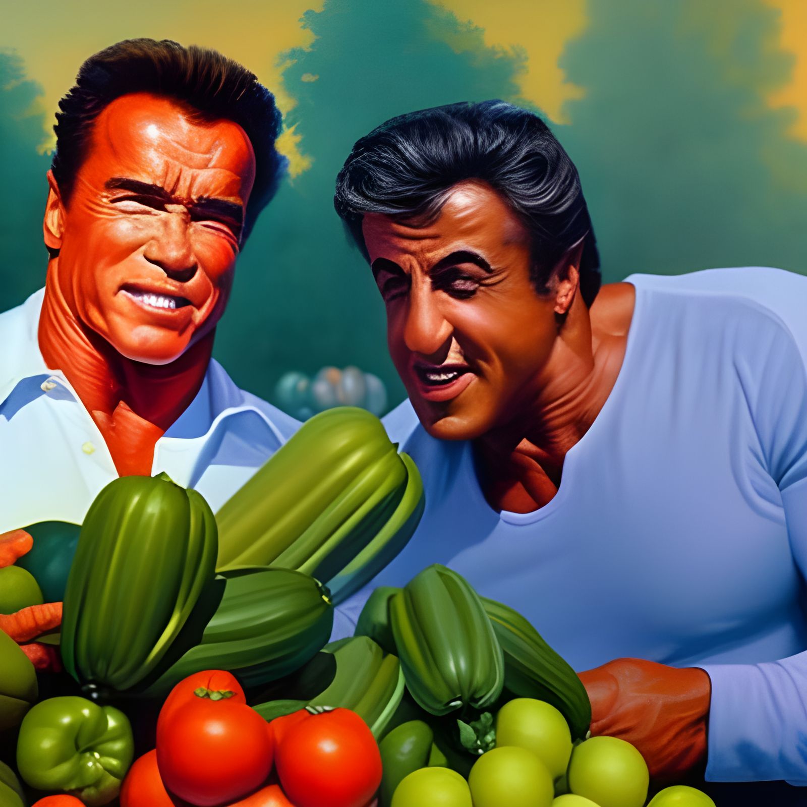 Sly and Arnold trying to figure out which vegetable is Steven Segal ...