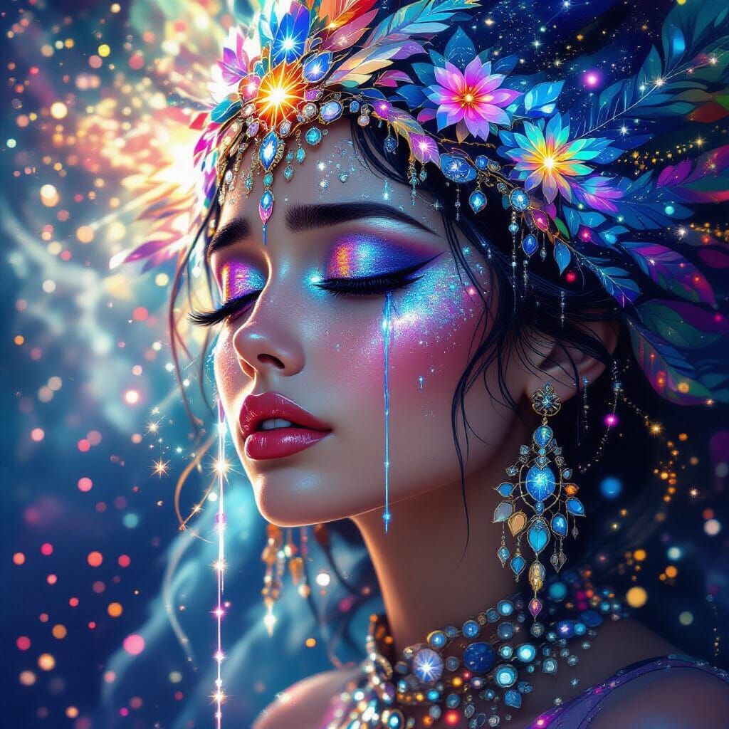 Digital mixed media. Extreme close-up portrait. A radiant chrome goddess weeps tears of stardust in a ...  by @FRACTAL FiLL