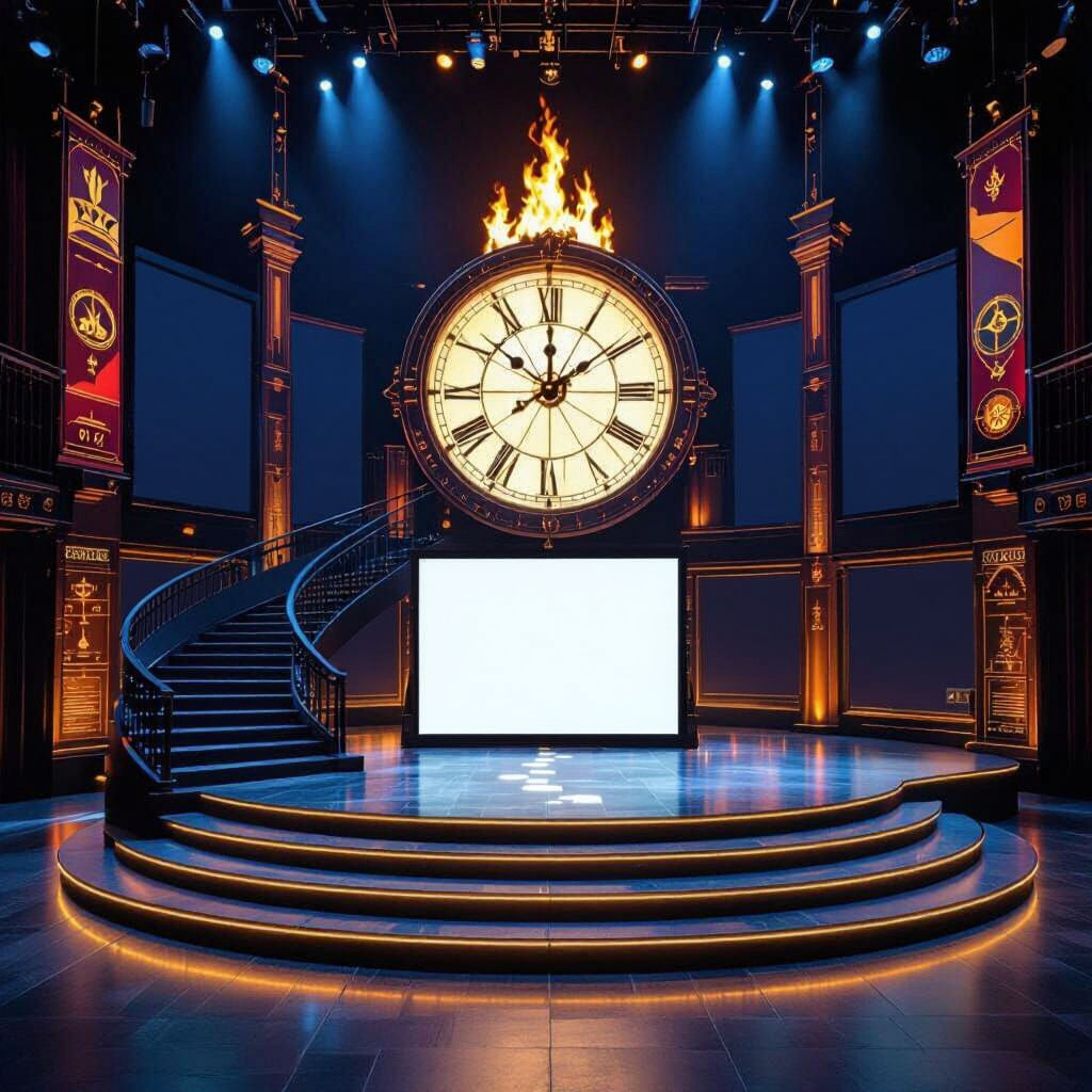 “Design a 3D stage for a Seventh-day Adventist Church event with the theme ‘Time Has Run Out! I Will Go.’ The stage is 10 metres wide, sligh...