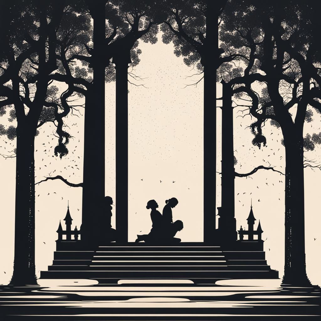 two silhouettes embracing each other in a temple surrounded ...