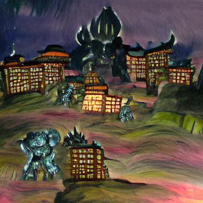 An asura landscape with golems and imposing buildings at nig...