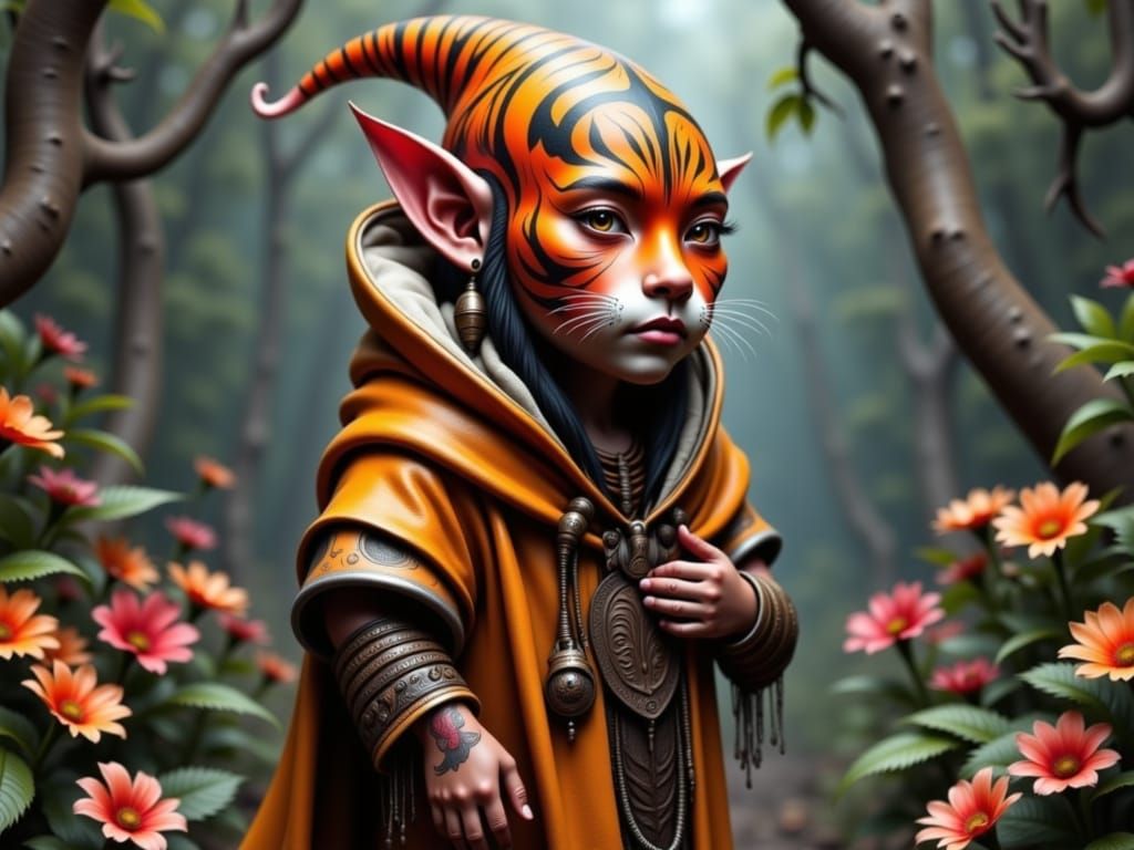 a gnome with tiger-like skin patterns
<lora:Zeste-Citron Tiggnom:1.0>