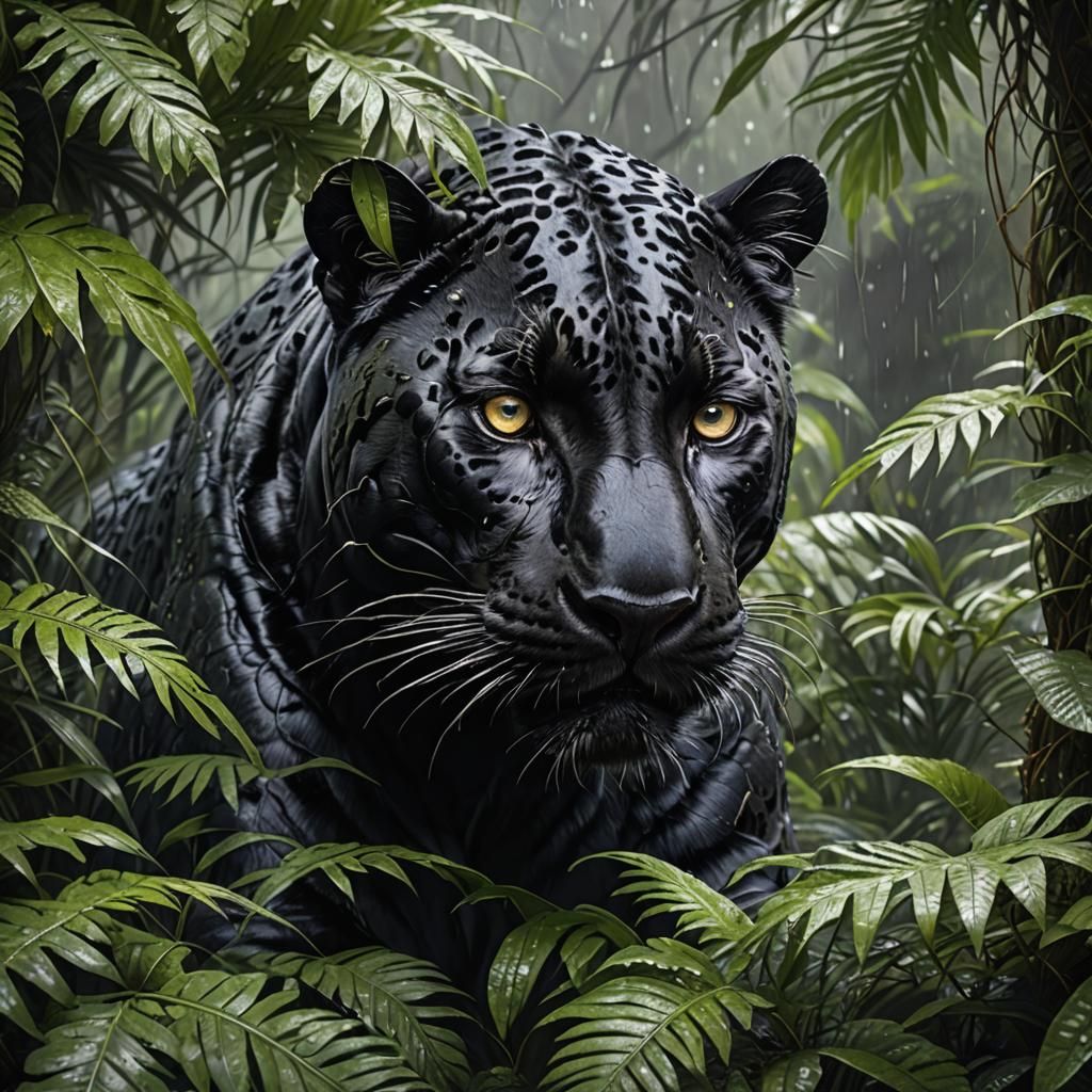 Black jaguar peeking through fern leaves, rainy, intricately detailed, 5k, masterpiece,   by @The Apocalypse Orchestra