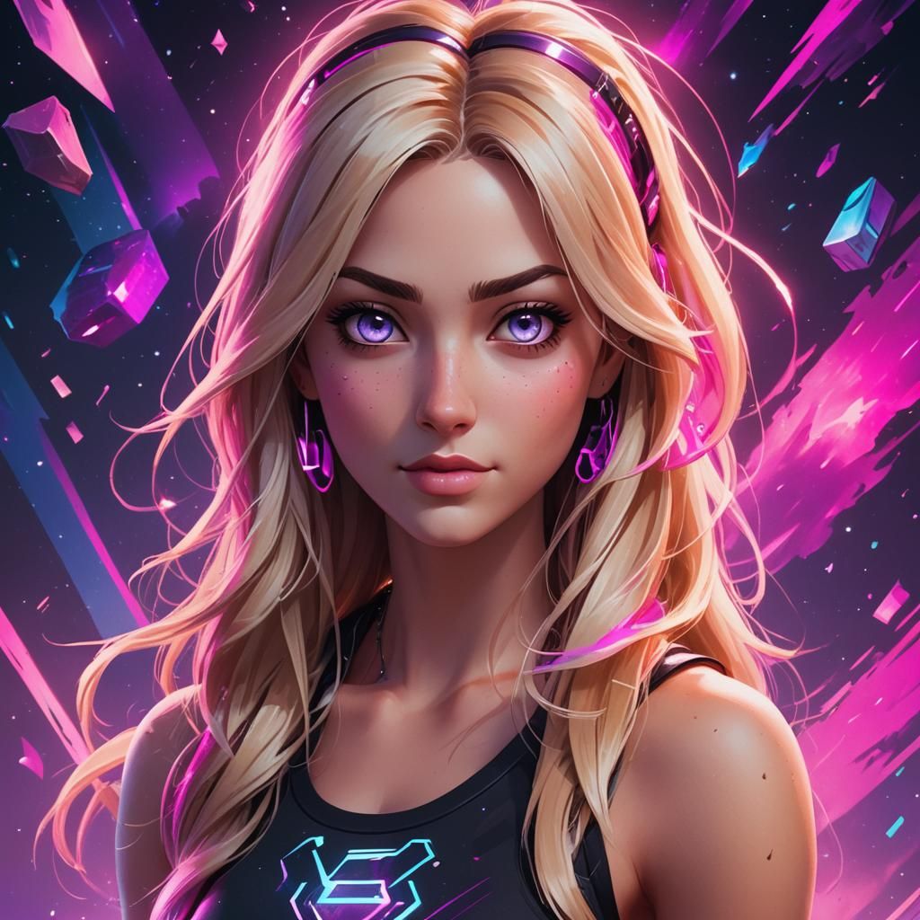 a young woman with long blonde hair pink eyes, gamer girl with black  fortnite tank top rendered in the style of a fortnite character - AI  Generated Artwork - NightCafe Creator