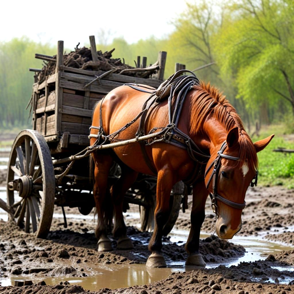Rustic Cart Stuck in Muddy Countryside