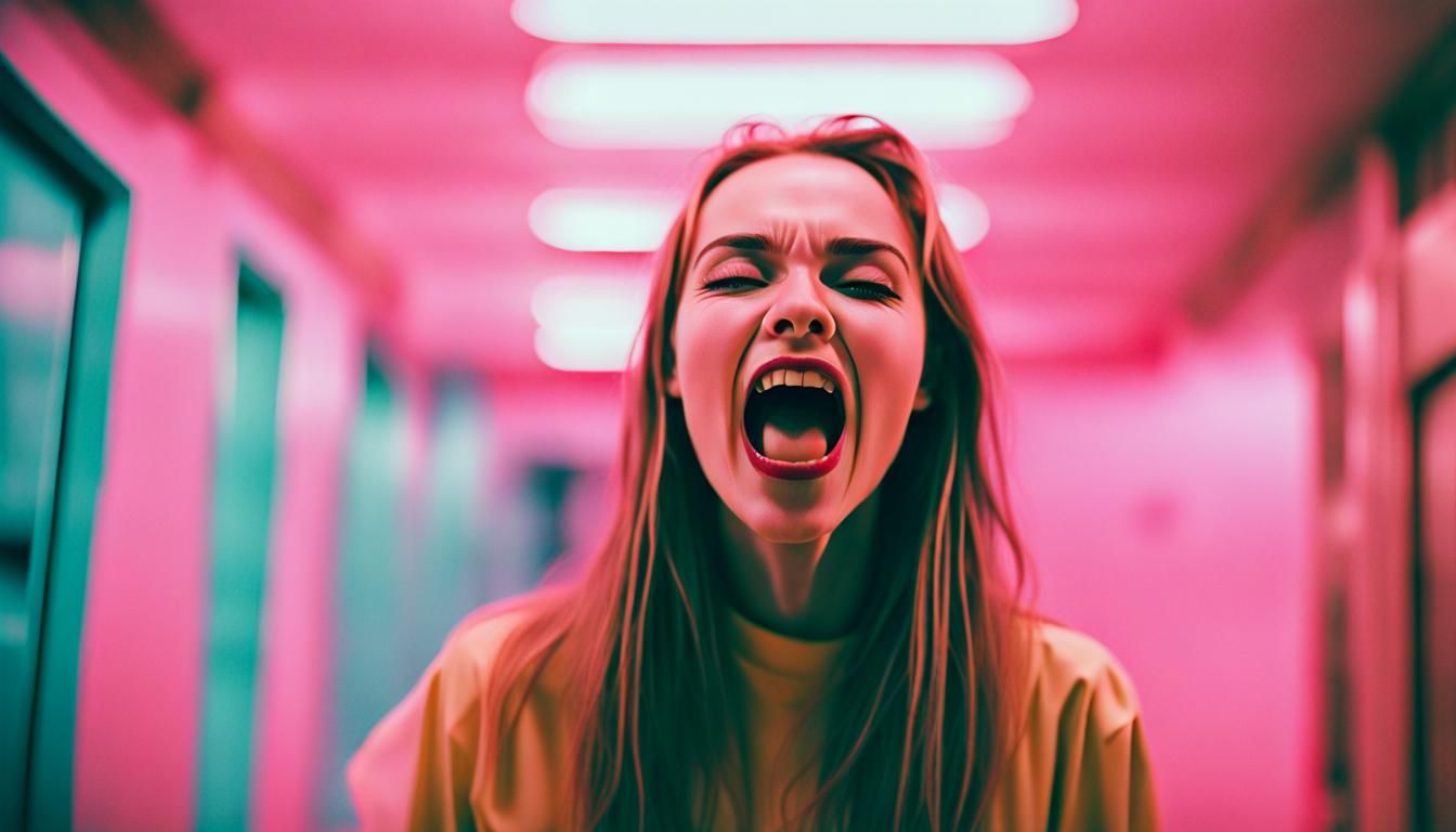 emotional girl screams, in the style of film negative colors...