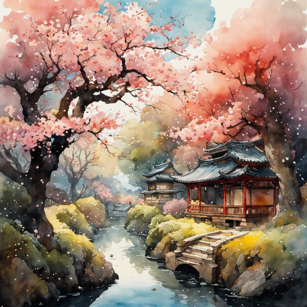 Watercolour Landscape, Sakura trees        @nightcafestudio  by @Aria