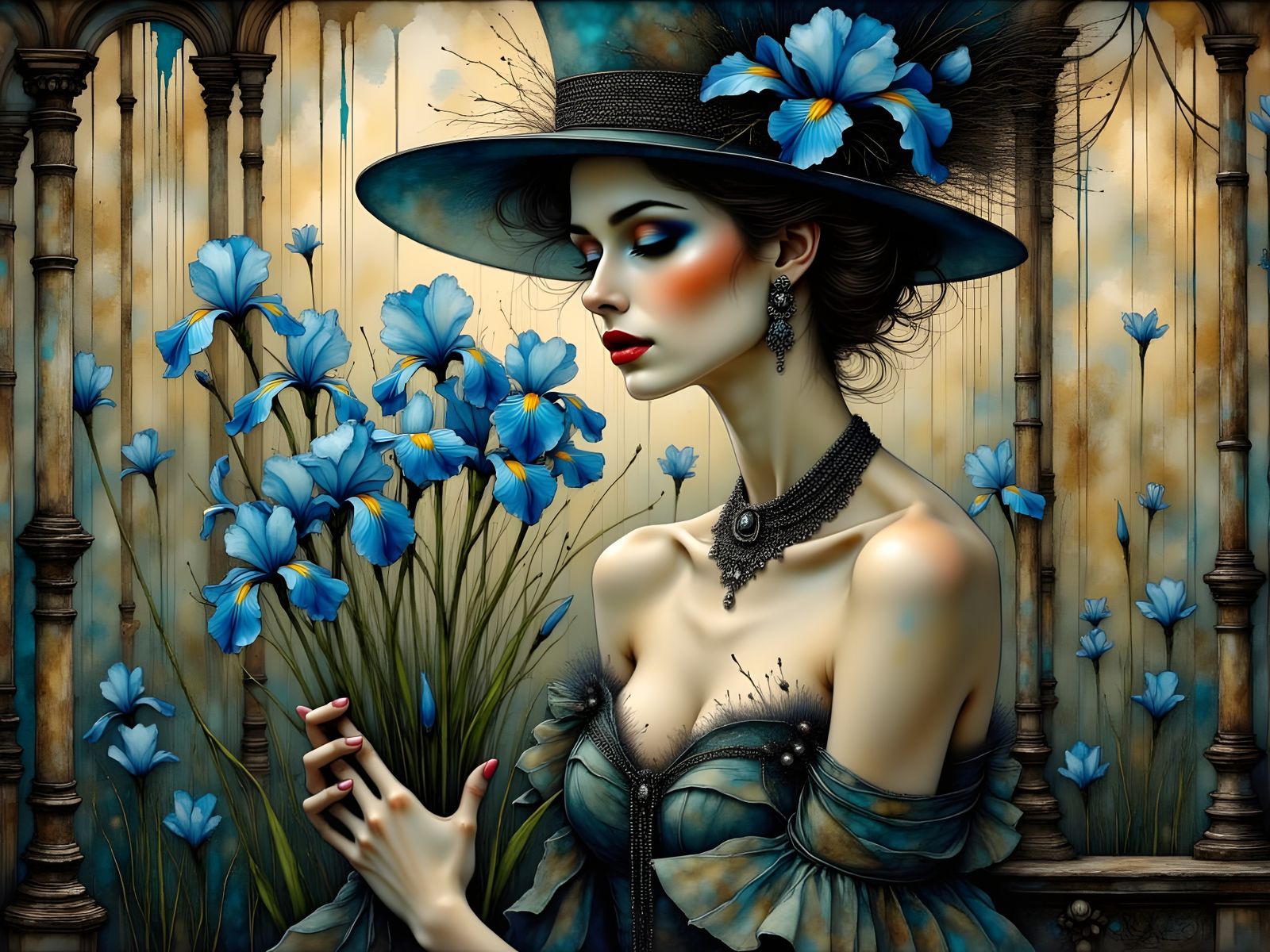 <lora:Lauras Romance:1.0> abstract surreal elegant woman holding a bouquet of blue iris wearing expensive jewelry with a surreal background ...