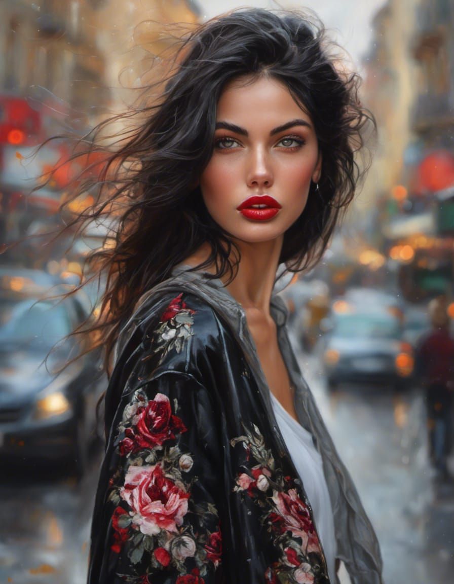 <lora:Double Photoreal v1:1.0> Hyperrealistic portrait of a beautiful woman with black hair and rose lips, in a busy city street, background...
