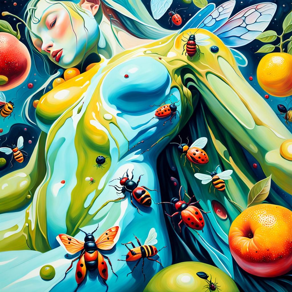 Surrealist Oil Painting: Woman with Insects and Fruit