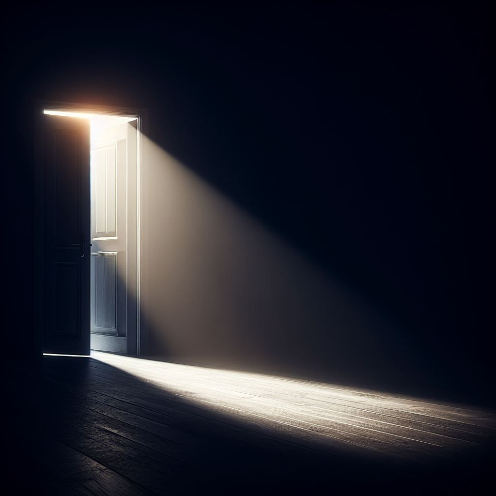 dark room with a bright light shining through a crack in the...