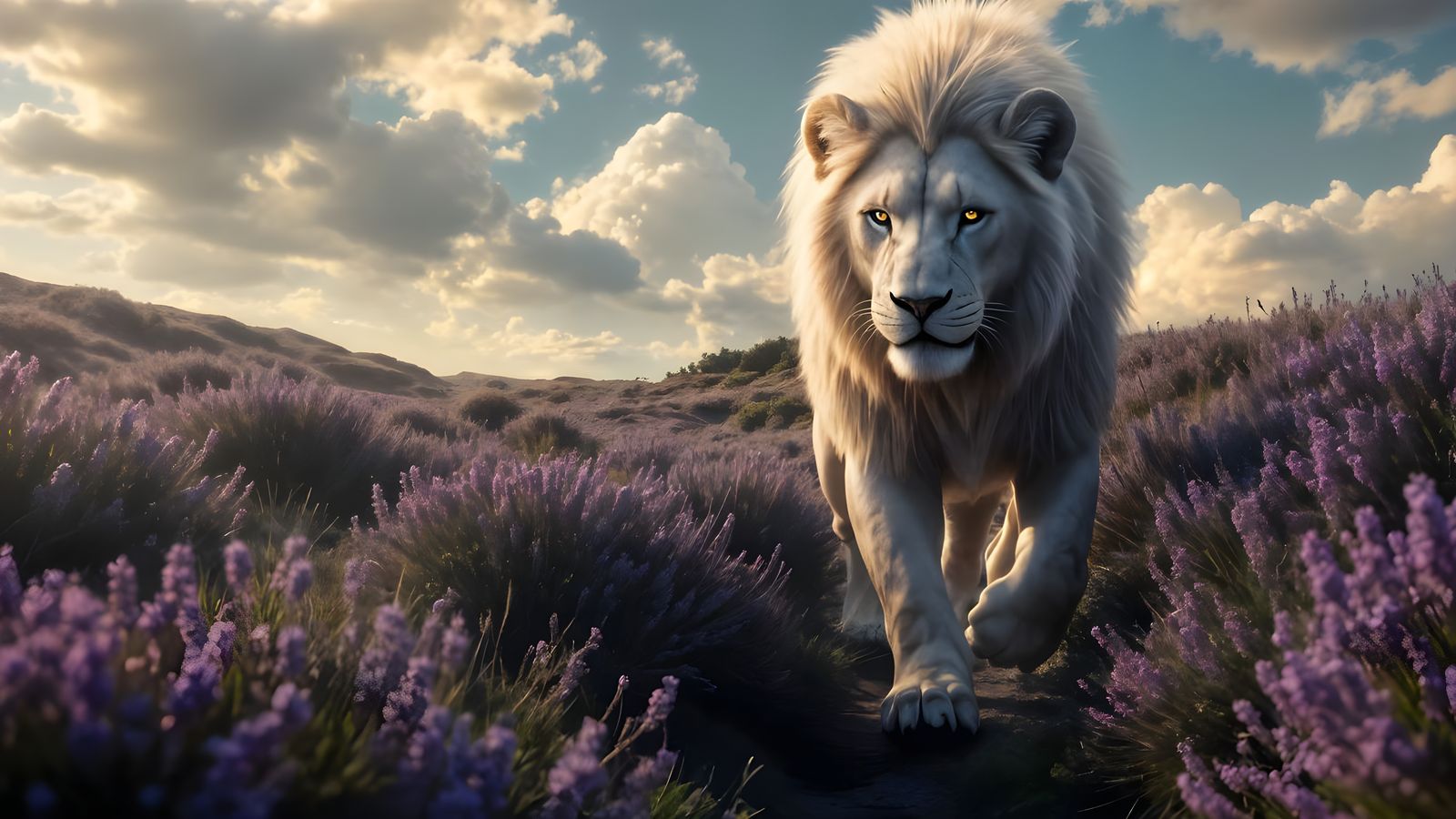 Lion in Lavender Fields Under Moonlight