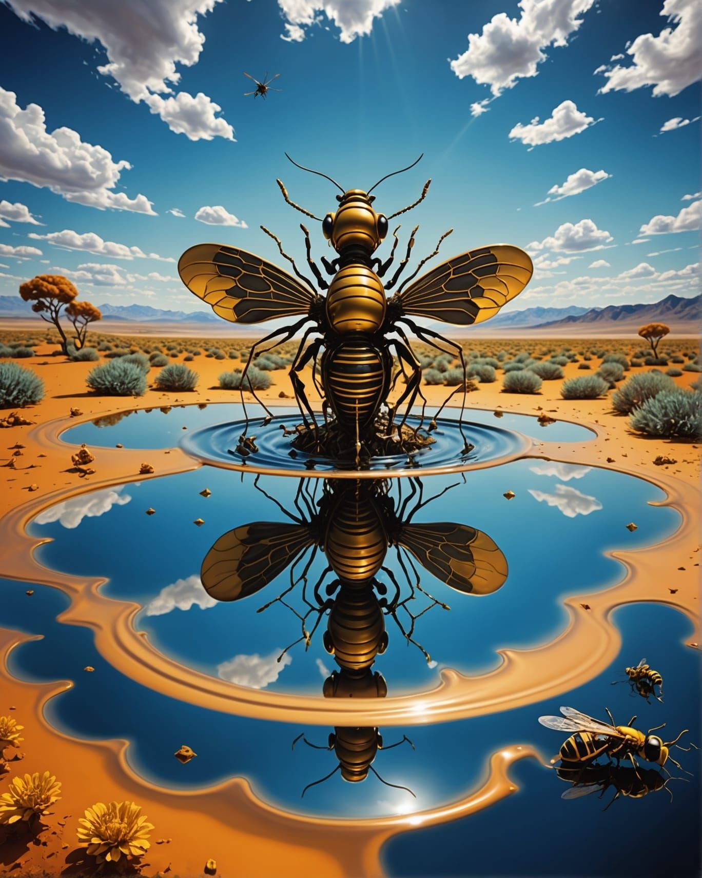 Surreal Landscape with Mechanical Wasps and Honey