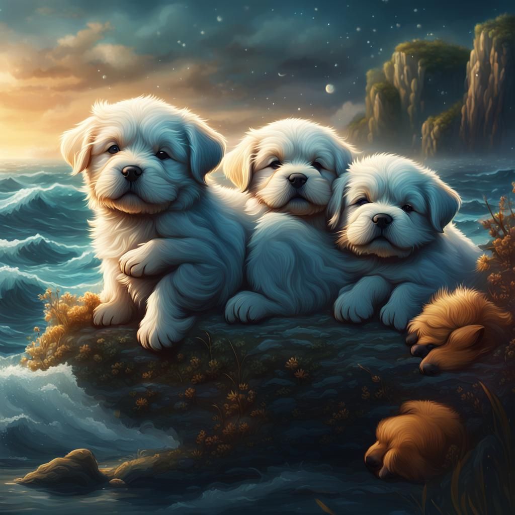 Three fluffy puppy’s sleeping on the ocean