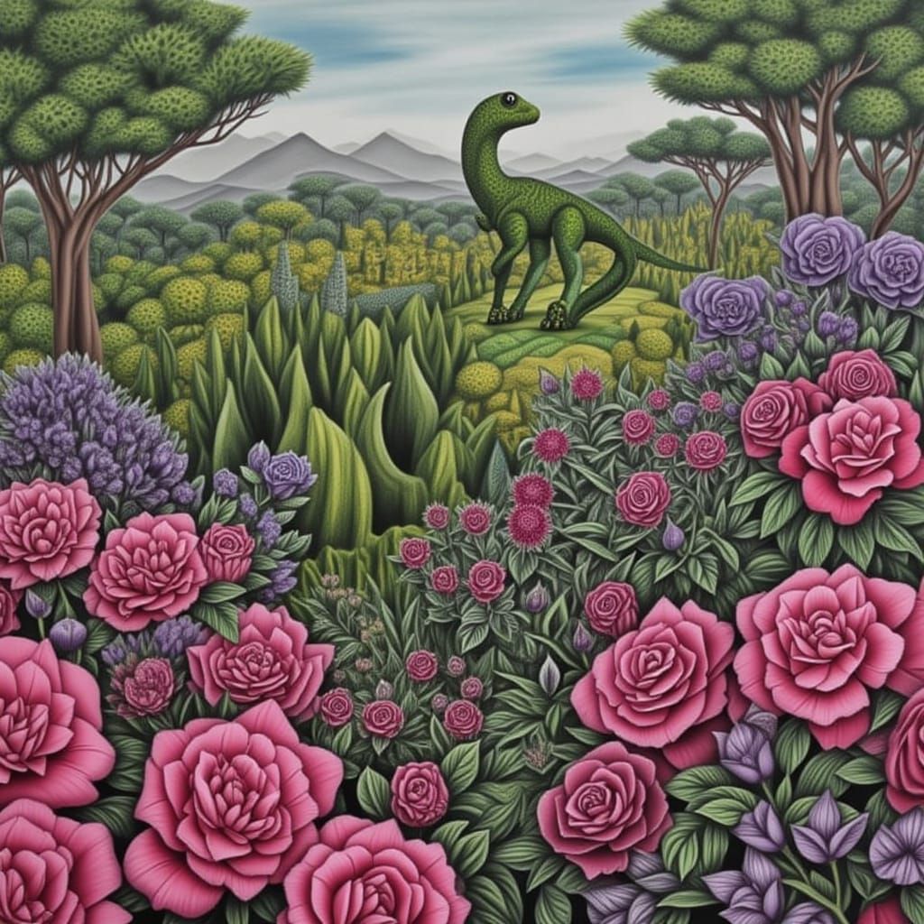 <lora:CHARCOAL DUSK:1.0> Dinosaur in a rose garden