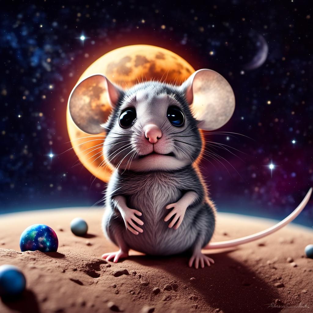 Photograph, Macro, Adorable chibi mouse with big eyes on the...