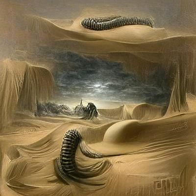 Man encountering a huge sand worm on dune during a sand storm at