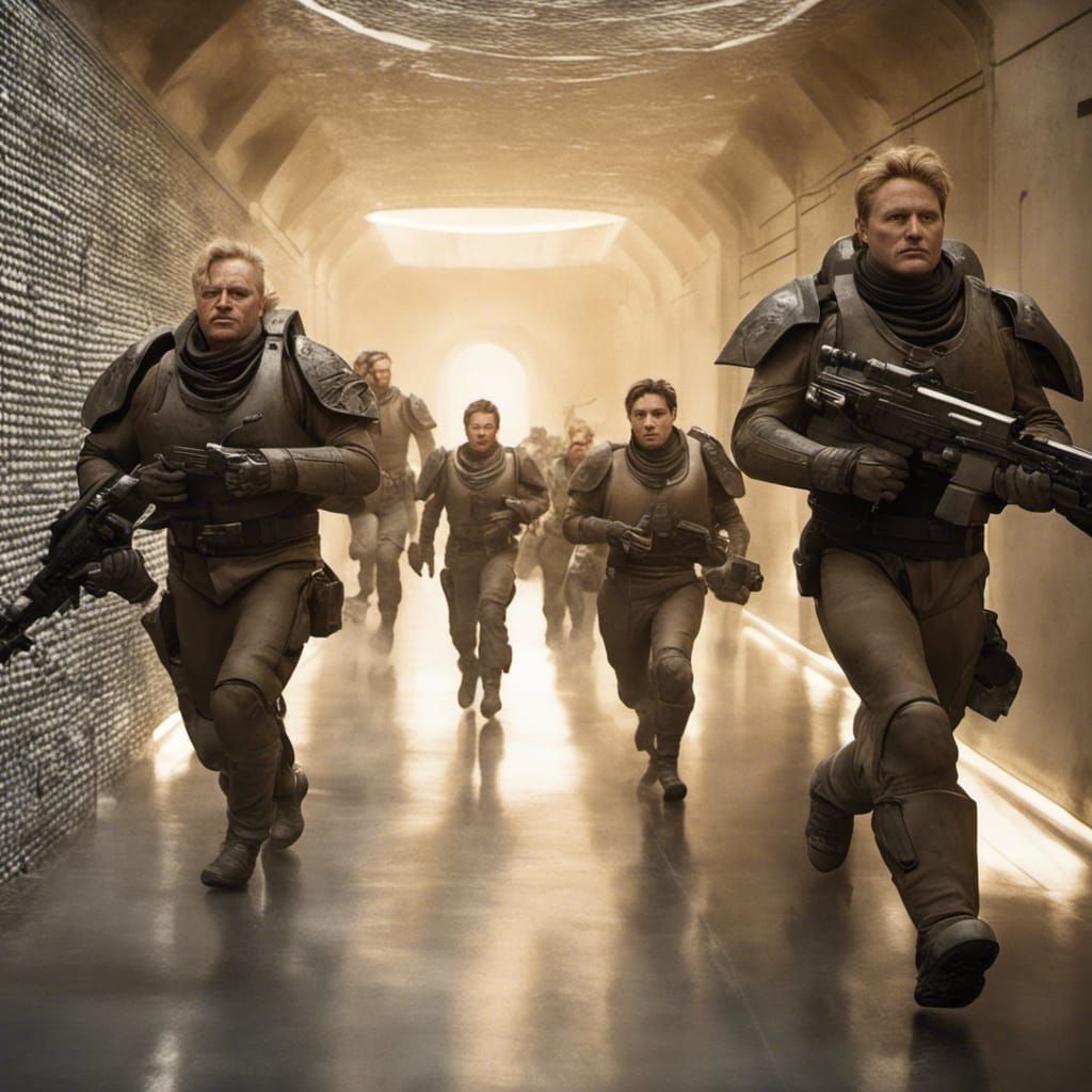 10 harkonnen soldiers from the new movie Dune running down the corridor ...