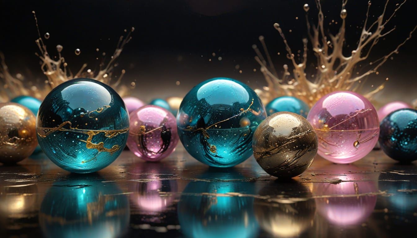 Bioluminescent Spheres in Dreamlike Landscape as Impasto Pai...