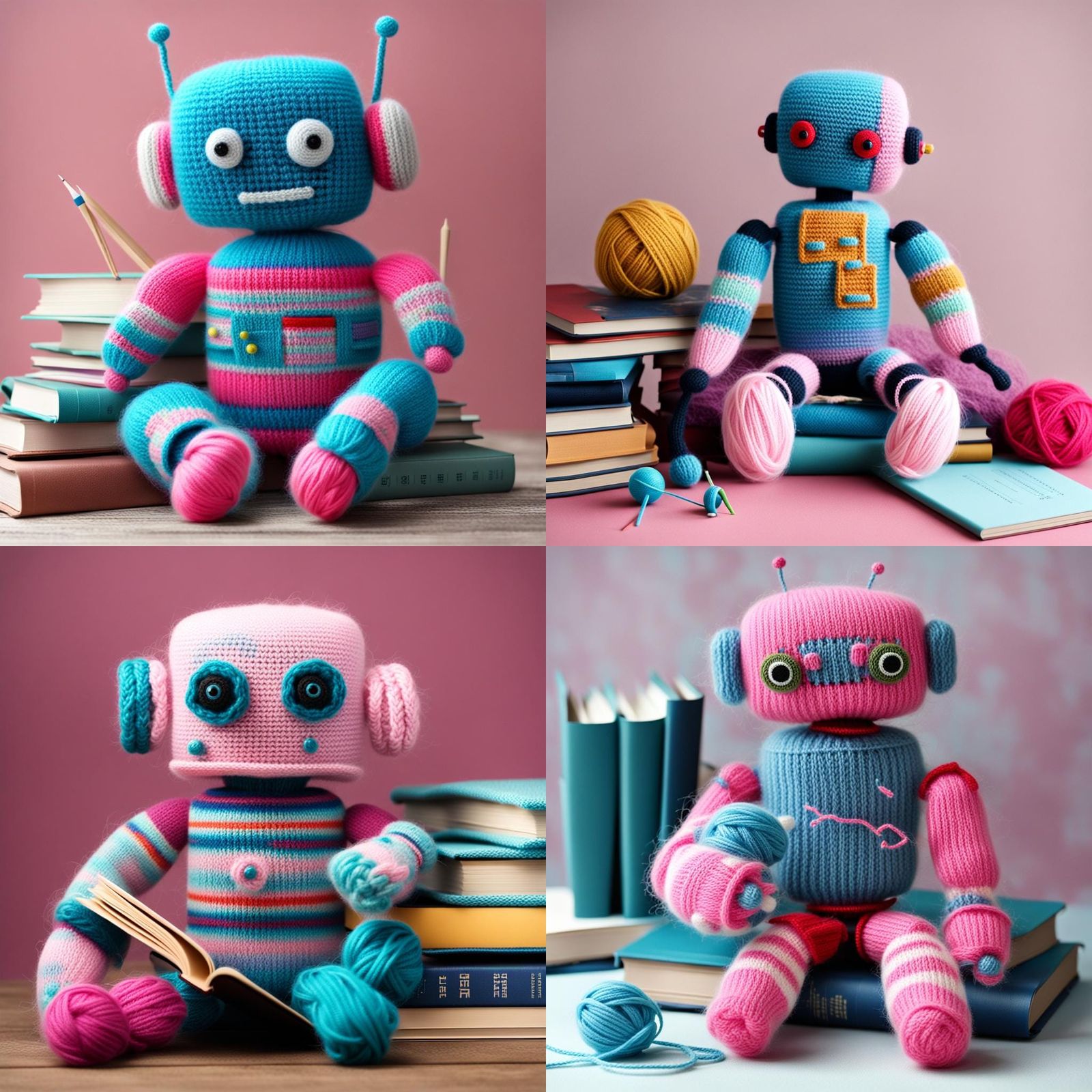 Cute  knitted  robot (1.5) sitting on a pile of knitting boo...