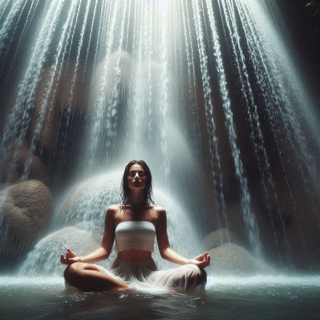 Meditating underneath a waterfall