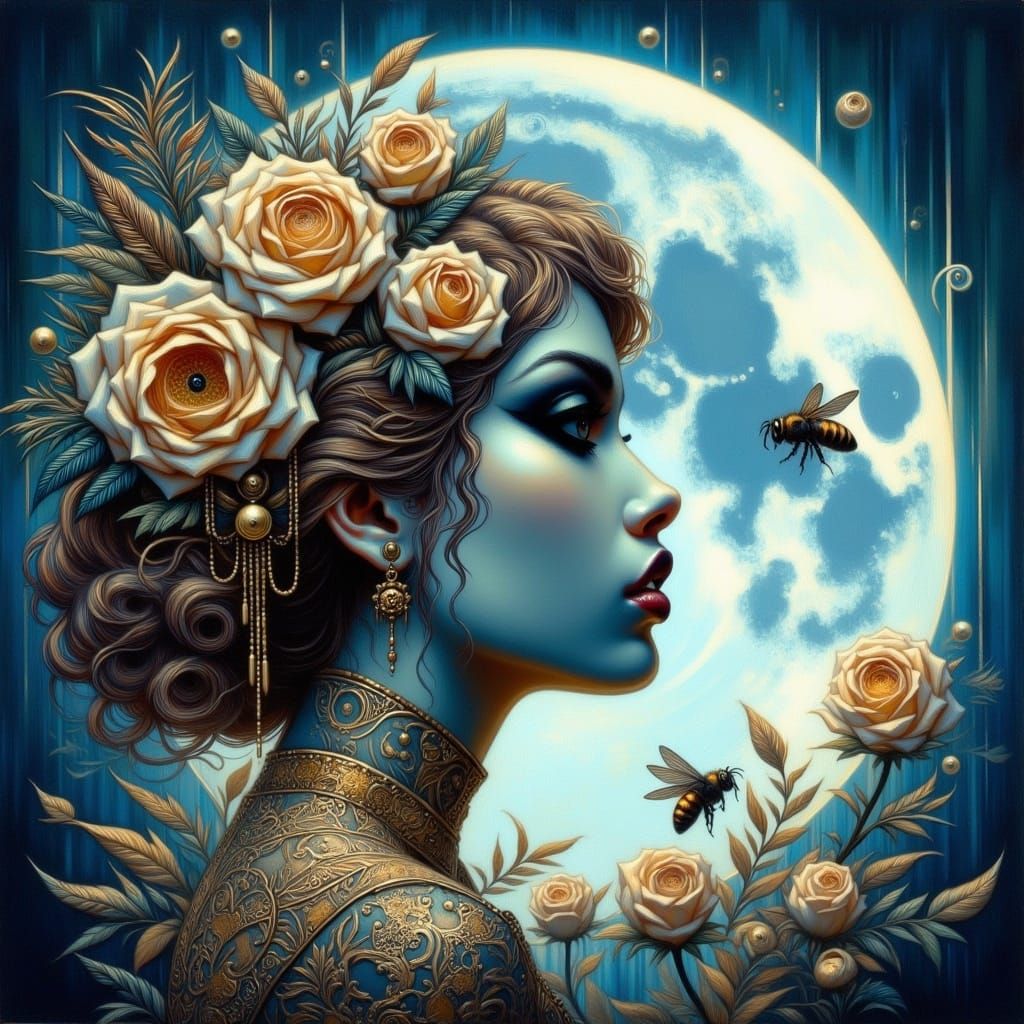 Ethereal Woman in Dreamy Blue Moonlight