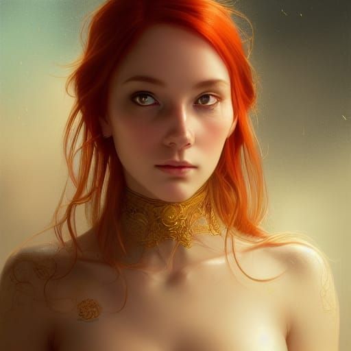 A beautiful firy with golden skin, red hair, pointed ears . Surrounded ...