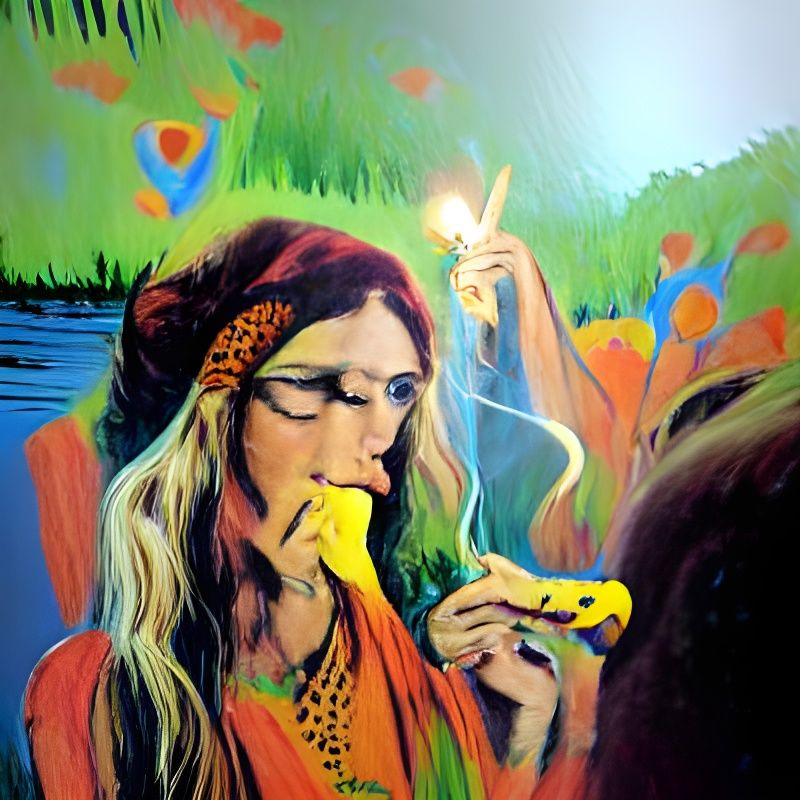 Bright painting of a beautiful hippie woman smoking a joint