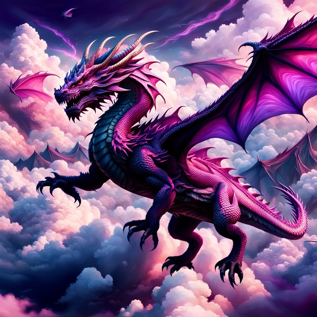 pink and purple fluffy dragon flying in the clouds - AI Generated ...