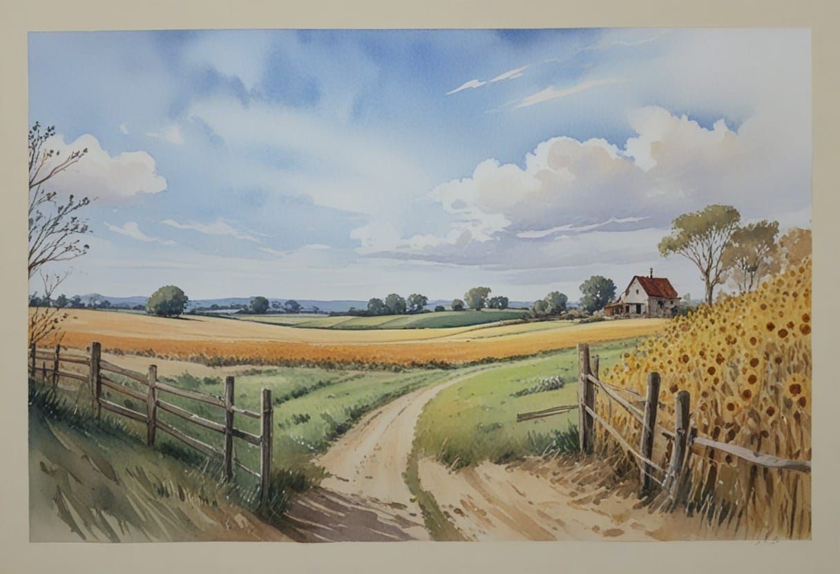 Whimsical Watercolor Farm Scene with Dreamy Countryside