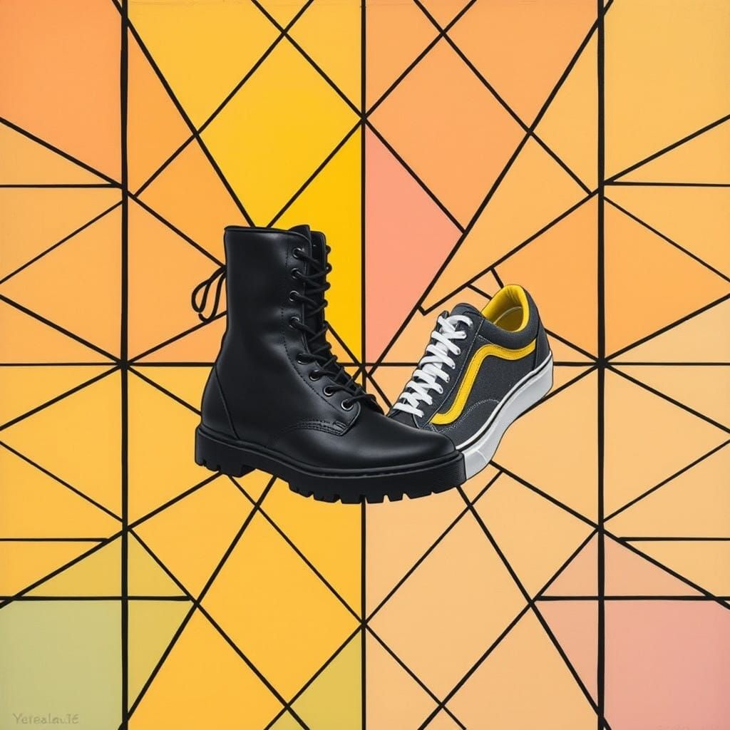 Cubist Fusion of Shoes in Black and Grey Abstract Painting