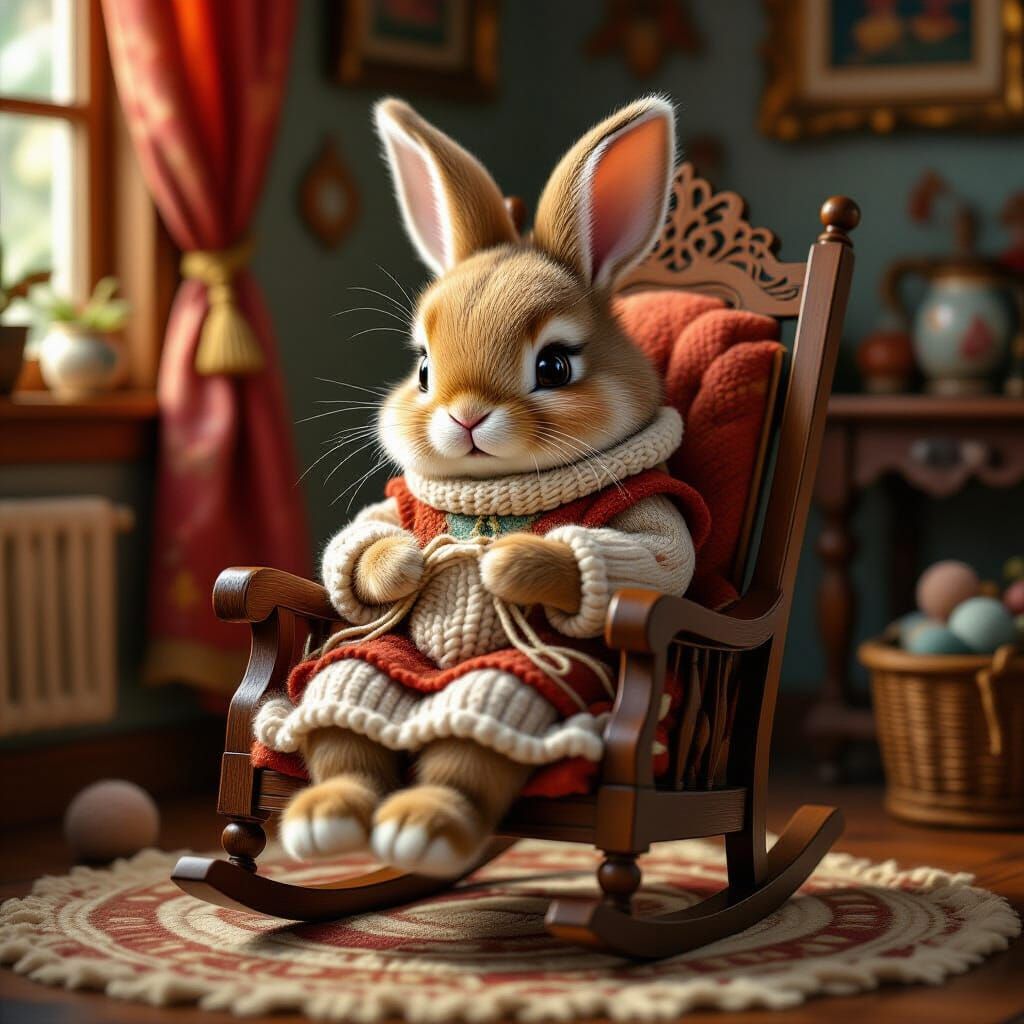 A realistic small brown fluffy female bunny sitting on in small rocking chair knitting fluffy yarn.  by @Angel