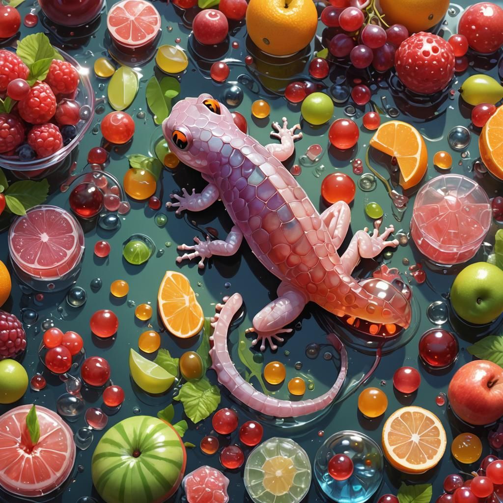Jelly Gecko Surrounded by Jelly Fruits in 3D Anime Style