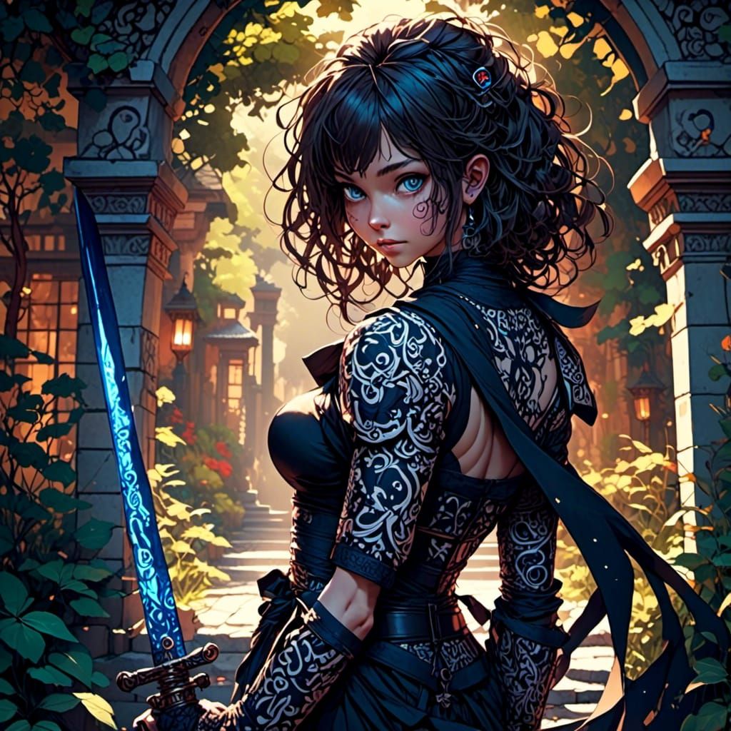 Anime Ninja in Temple Courtyard at Night