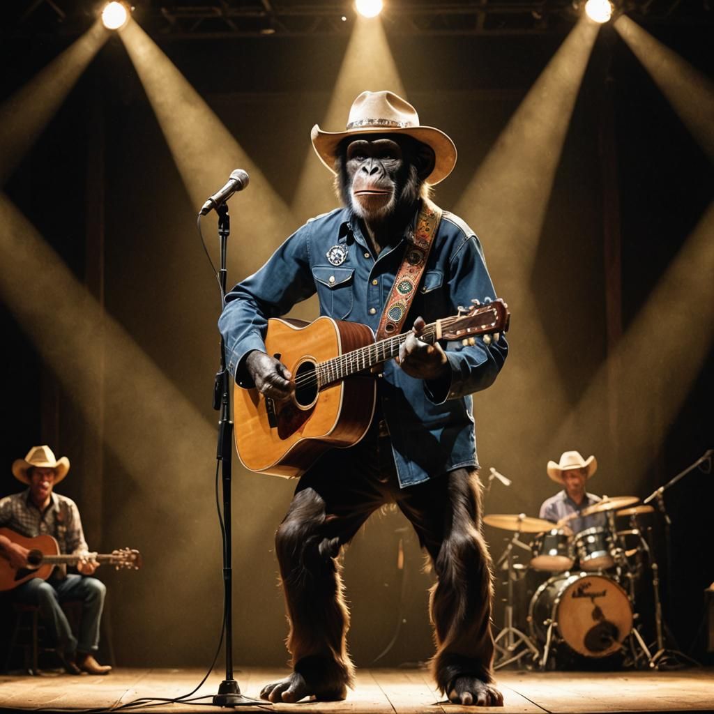 Chimpanzee folk singer wearing a cowboy hat stands on a stag...