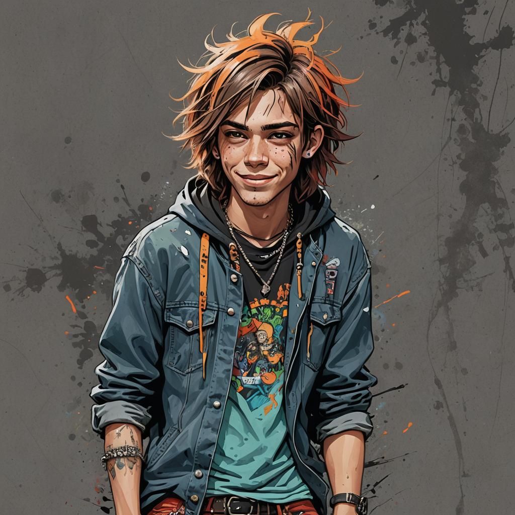 A mischievous teenage boy with Messy medium-long hair that h...