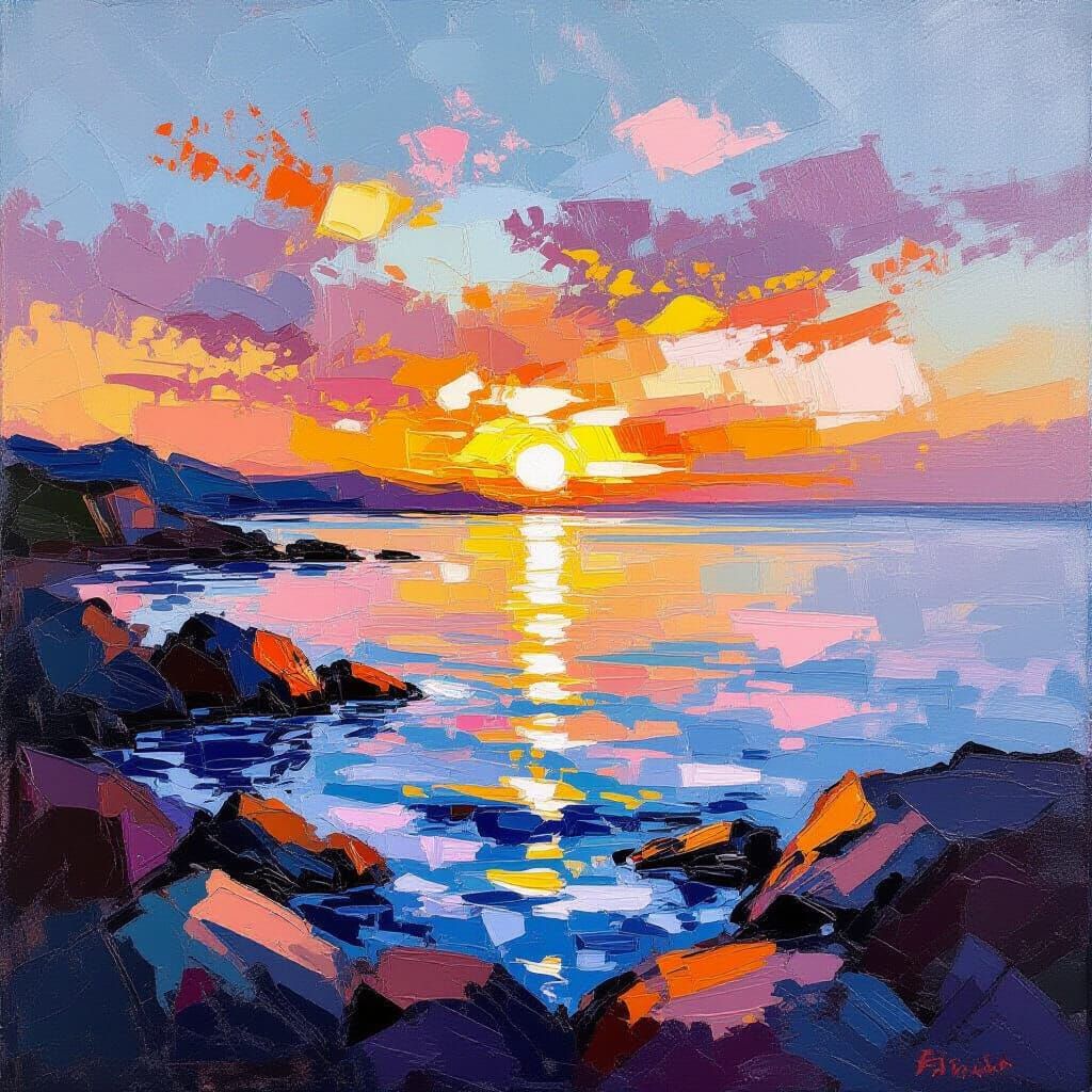Sunset Beach Impasto Painting with Pastel Colors