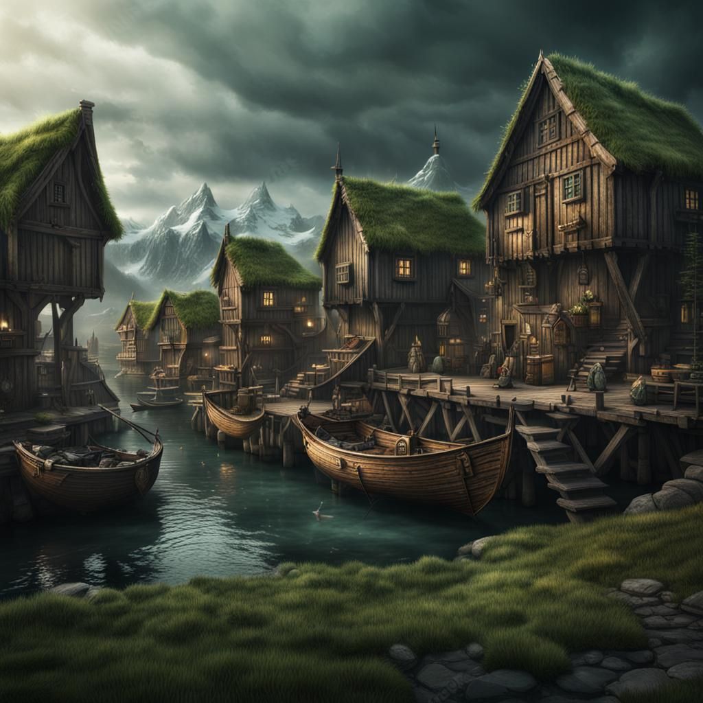 Nordic/Viking Wooden Fishing Village Dark Fantasy, Medieval, green bay, medieval,